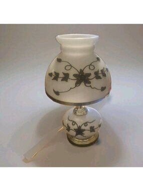 Vintage White Milk Glass Raised Brass Flower Hurricane Table Lamp ~ 3 Way Switch